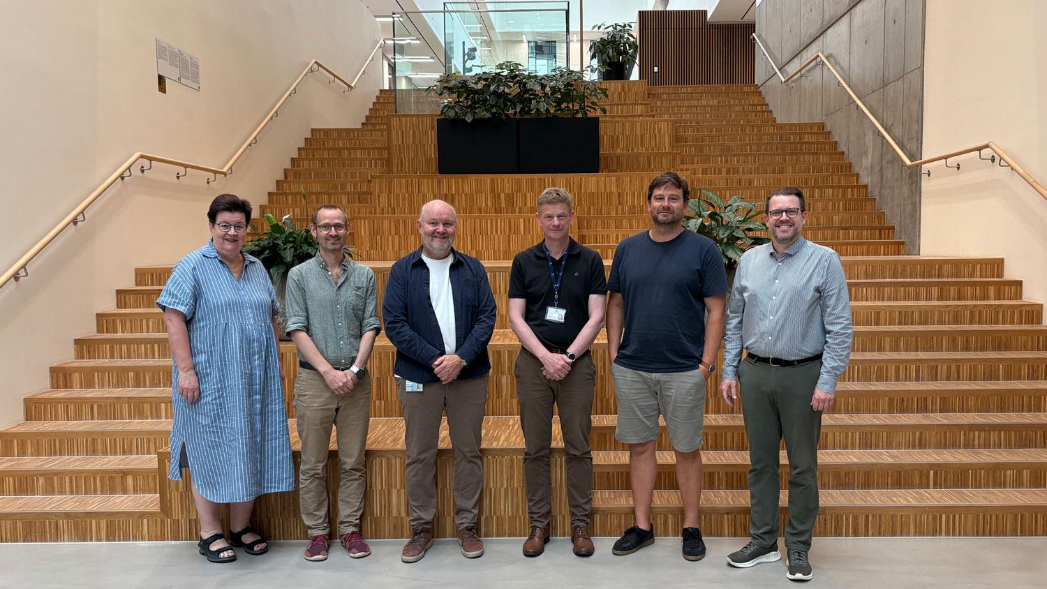 The Centre for AI in Health is a collaboration between researchers and clinicians at AAU’s Faculty of Medicine intended to create value for both patients and health professionals. Pictured is the centre’s steering committee, from left Birthe Dinesen, Palle Duun Rohde, Lasse Riis Østergaard, Martin Bøgsted, Morten Breinholt Søvsø and Kristian Kragholm. Photo: AAU.